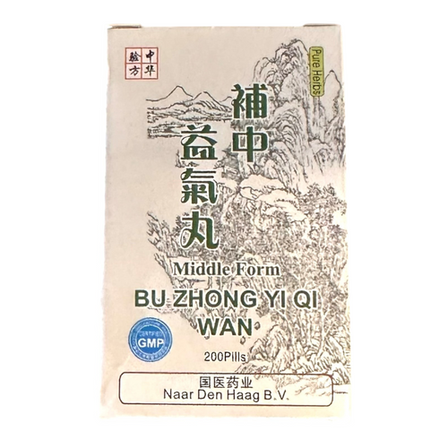 Mijn winkel Bu Zhong Yi Qi Wan herbal supplement box for energy and digestive support with traditional Chinese design.