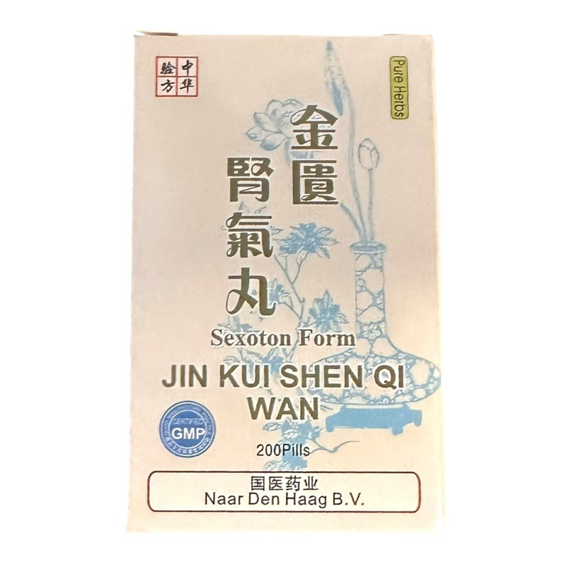 Mijn winkel Jin Kui Shen Qi Wan herbal supplement box with traditional Chinese calligraphy and floral illustration