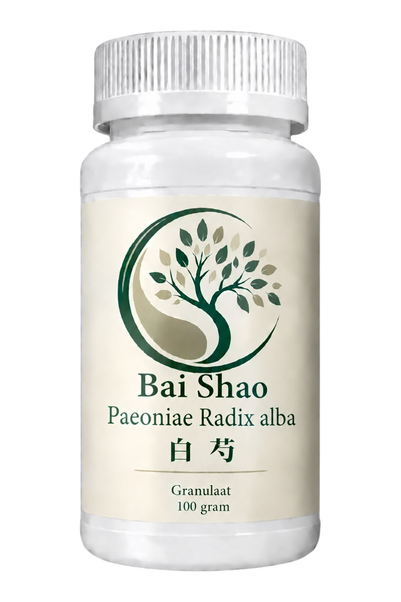 Mijn winkel Bai Shao Paeoniae Radix alba herbal supplement in a 100 gram white plastic bottle with tree logo