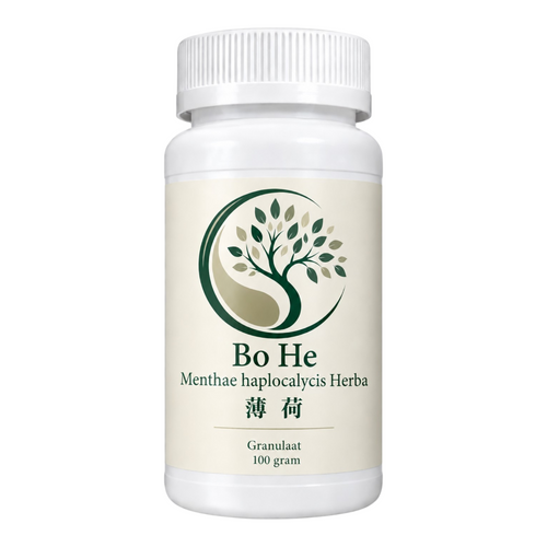 Mijn winkel Bo He Menthae haplocalycis Herba herbal supplement in a 100 gram white plastic bottle with tree logo