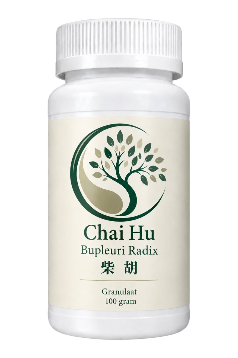 Mijn winkel Chai Hu Bupleuri Radix 100 gram herbal supplement in a white plastic bottle with a tree logo