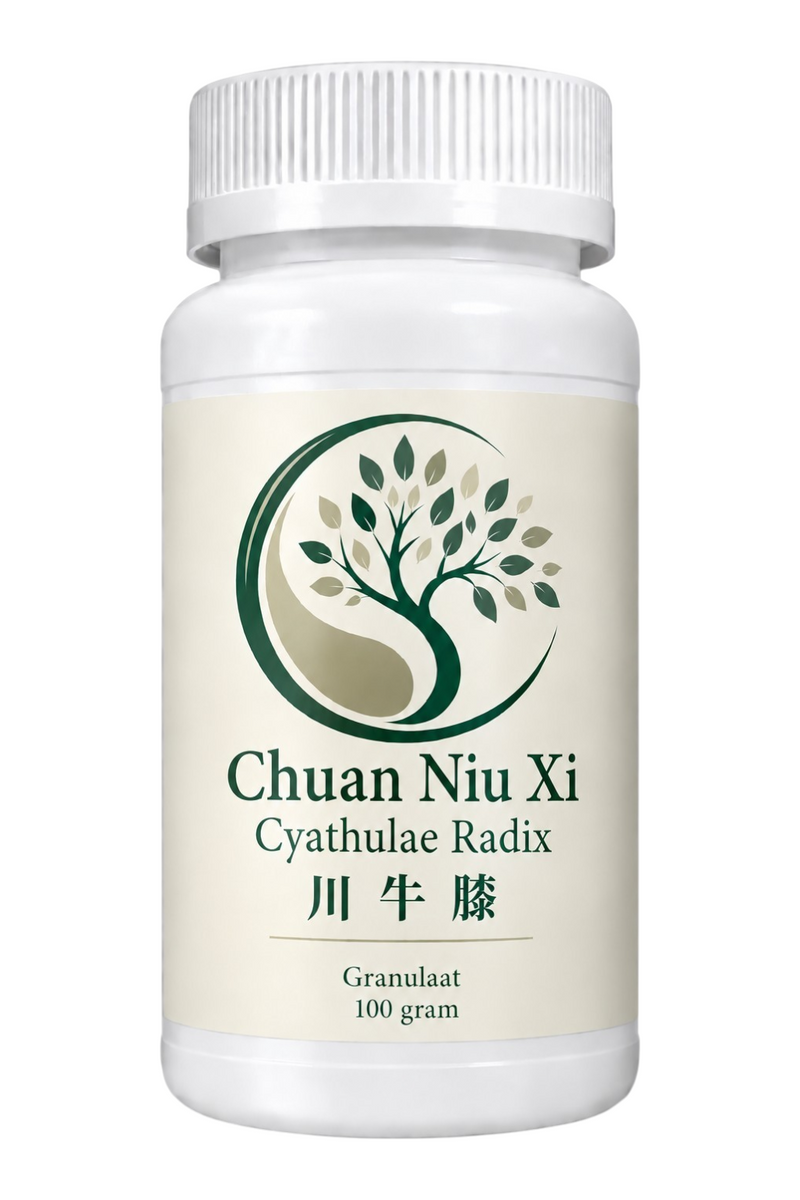 Mijn winkel Chuan Niu Xi Cyathulae Radix herbal supplement in a white 100 gram bottle with a tree logo.