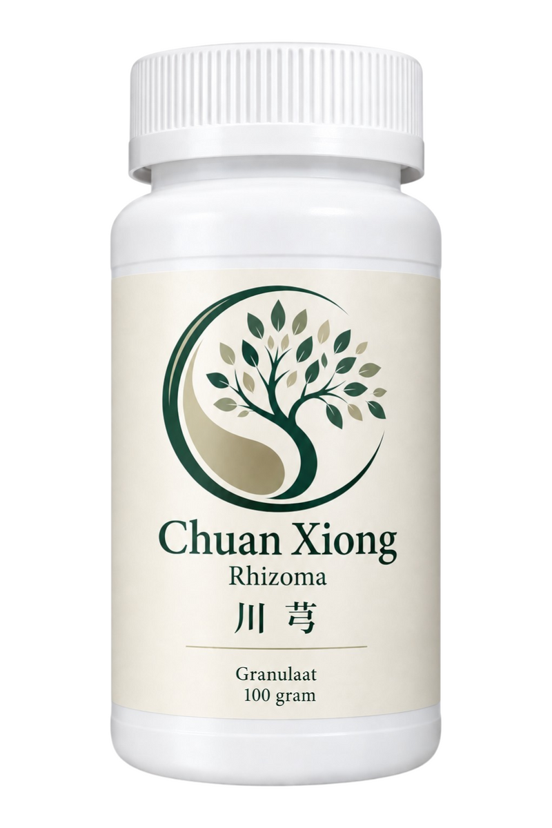 Mijn winkel Chuan Xiong Rhizoma 100 gram herbal granulate in a white plastic bottle with a tree logo label