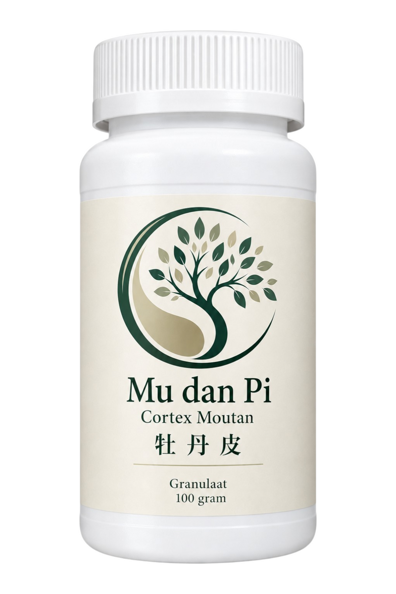 Mijn winkel Cortex Moutan Mu dan Pi herbal supplement in a white 100g granule bottle for professional TCM use