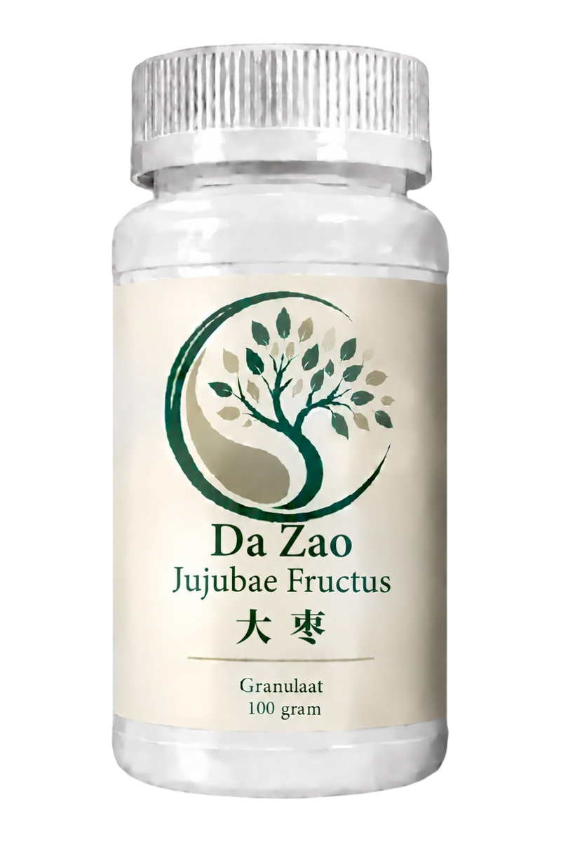 Mijn winkel Da Zao Jujubae Fructus 100 gram herbal supplement granules in a white plastic bottle