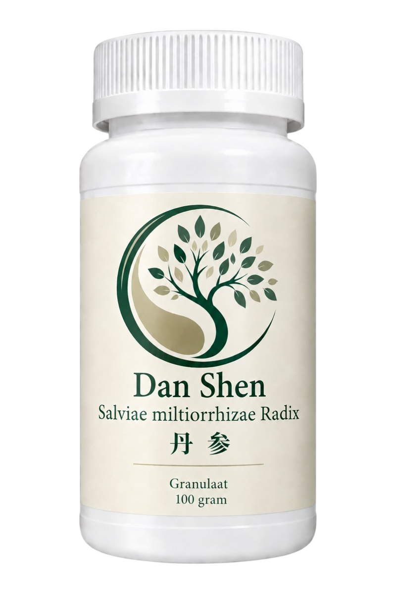 Mijn winkel Dan Shen Salviae miltiorrhizae Radix 100g herbal supplement granules in a white plastic bottle