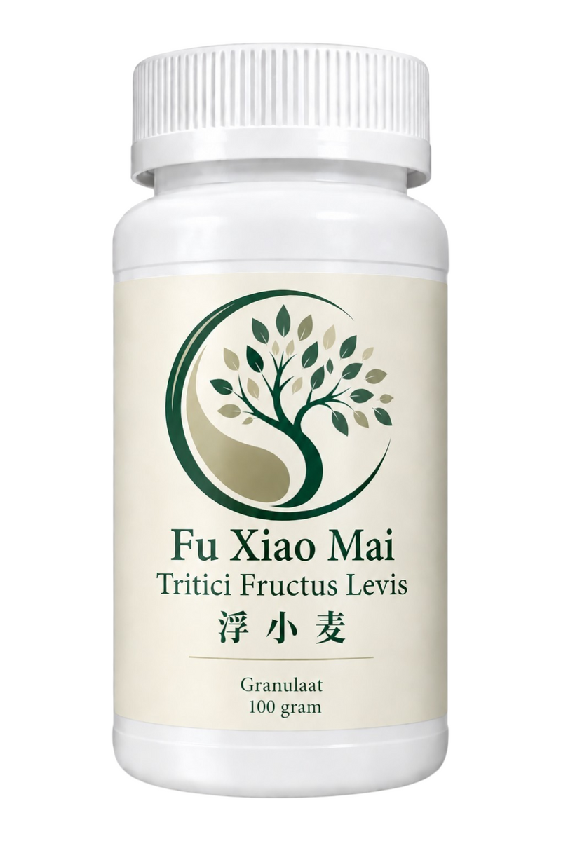 Mijn winkel Fu Xiao Mai Tritici Fructus Levis herbal supplement in a 100 gram white plastic bottle