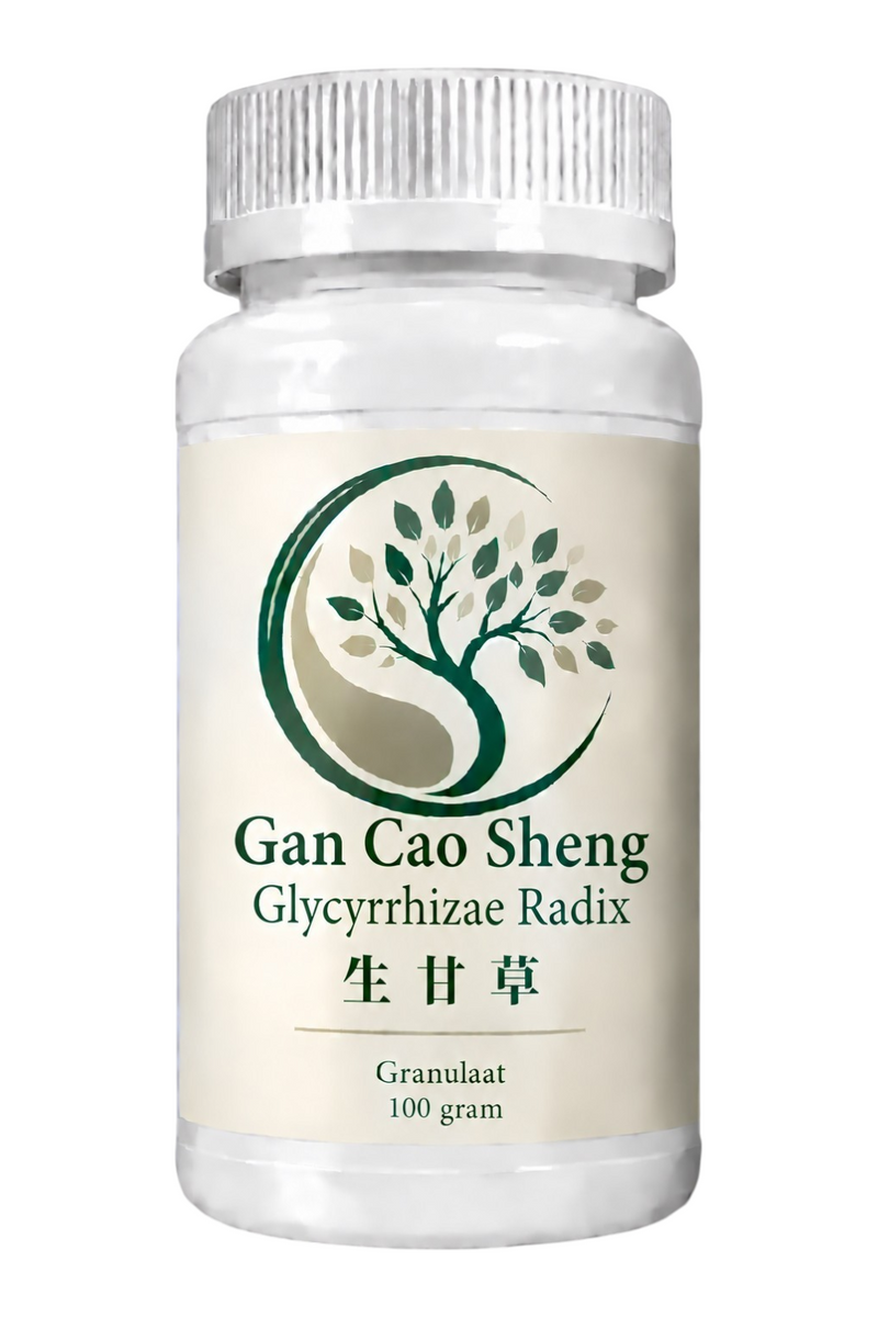 Mijn winkel Gan Cao Sheng Glycyrrhizae Radix 100 gram herbal supplement granules in a white plastic bottle