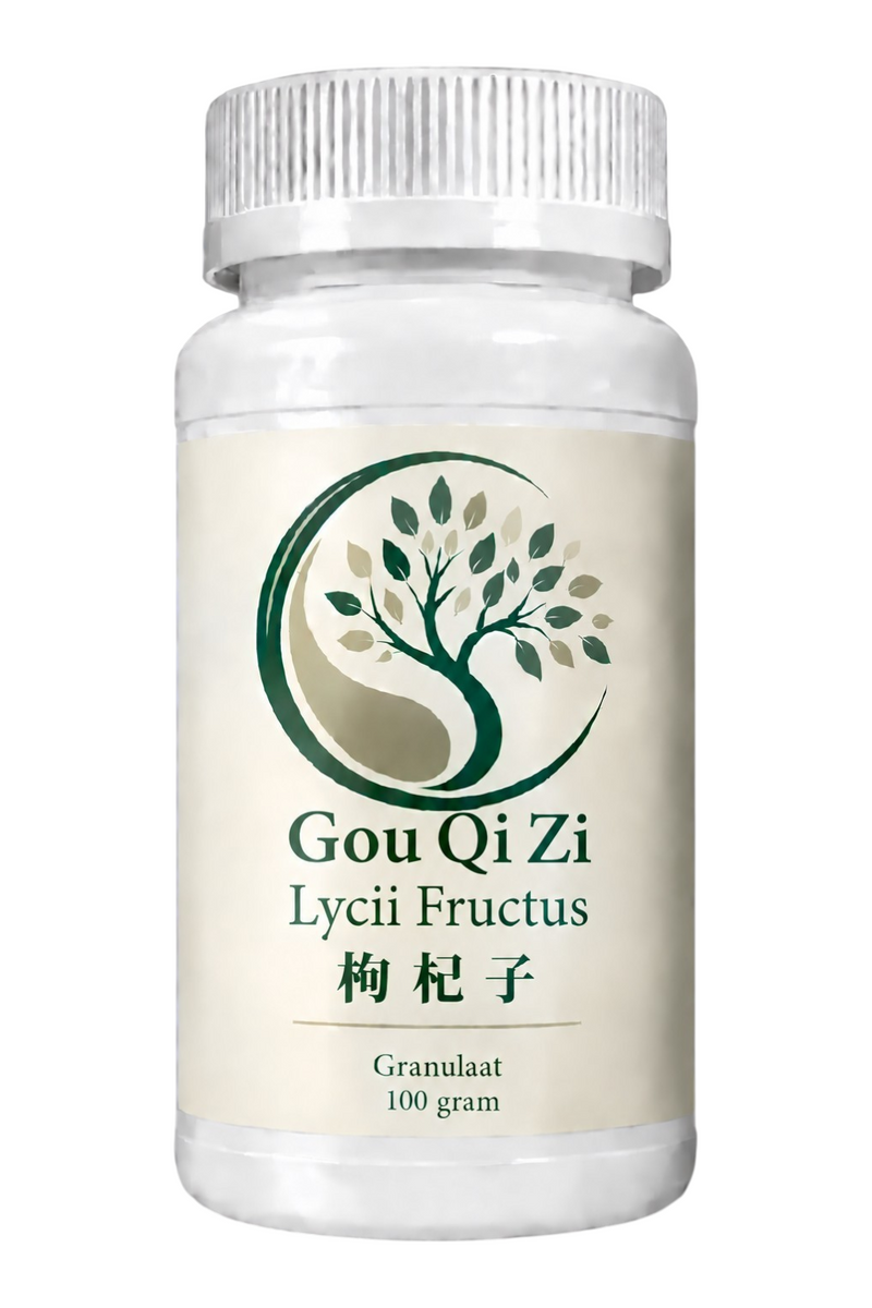 Mijn winkel Gou Qi Zi Lycii fructus herbal supplement in a 100 gram white plastic bottle with tree logo