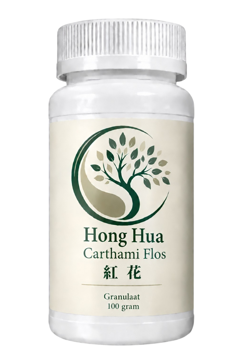 Mijn winkel Hong hua Carthami Flos herbal supplement in a 100 gram white plastic bottle with a tree logo