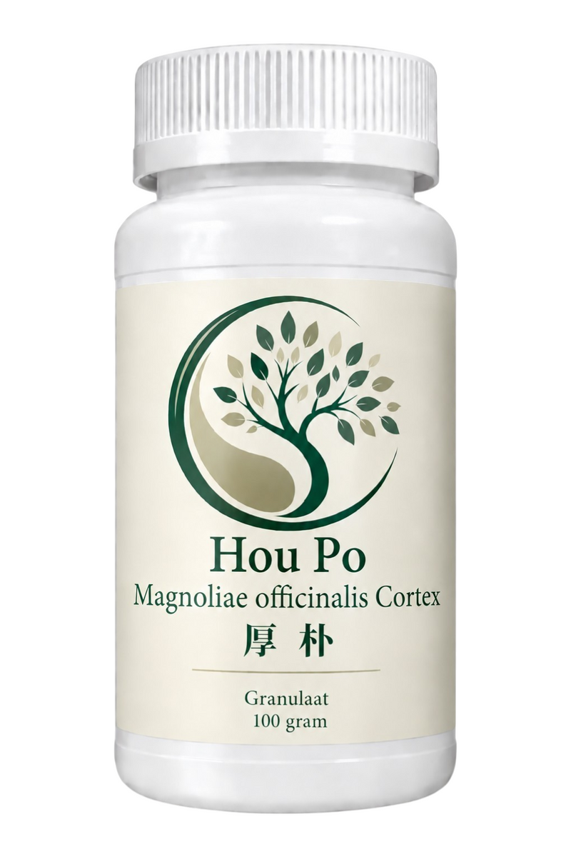 Mijn winkel Hou Po Magnoliae officinalis Cortex herbal supplement granules in a white plastic bottle
