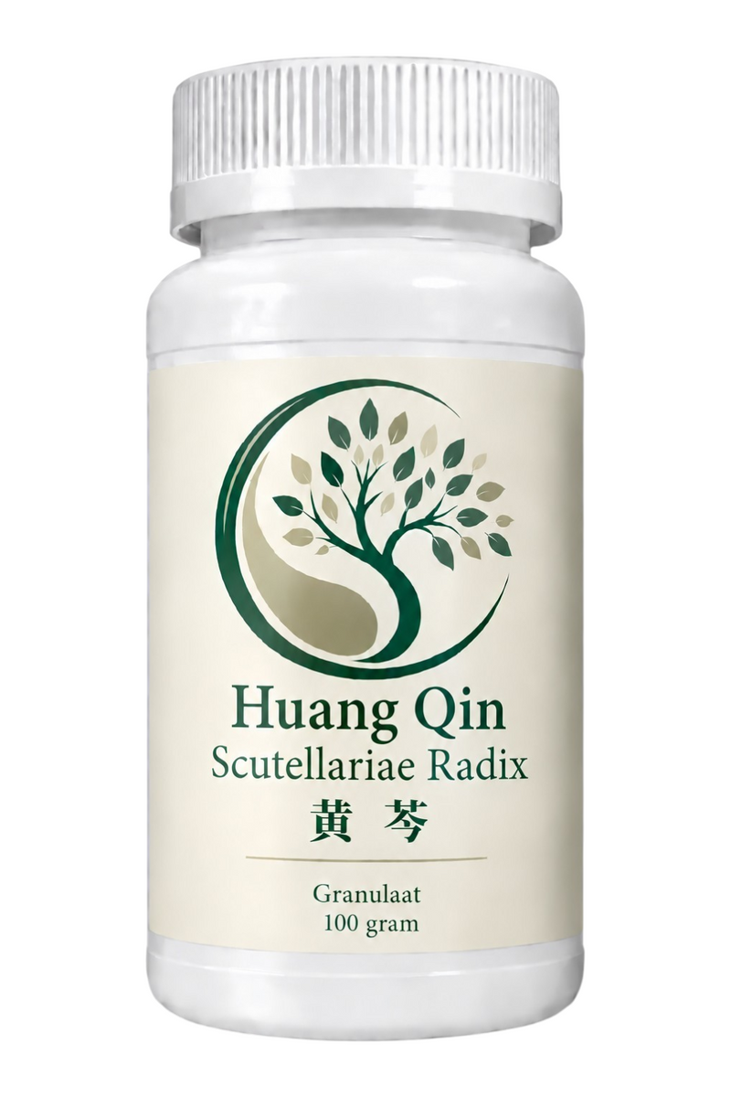 Mijn winkel Huang Qin Scutellariae Radix herbal supplement in a 100 gram white plastic bottle with tree logo