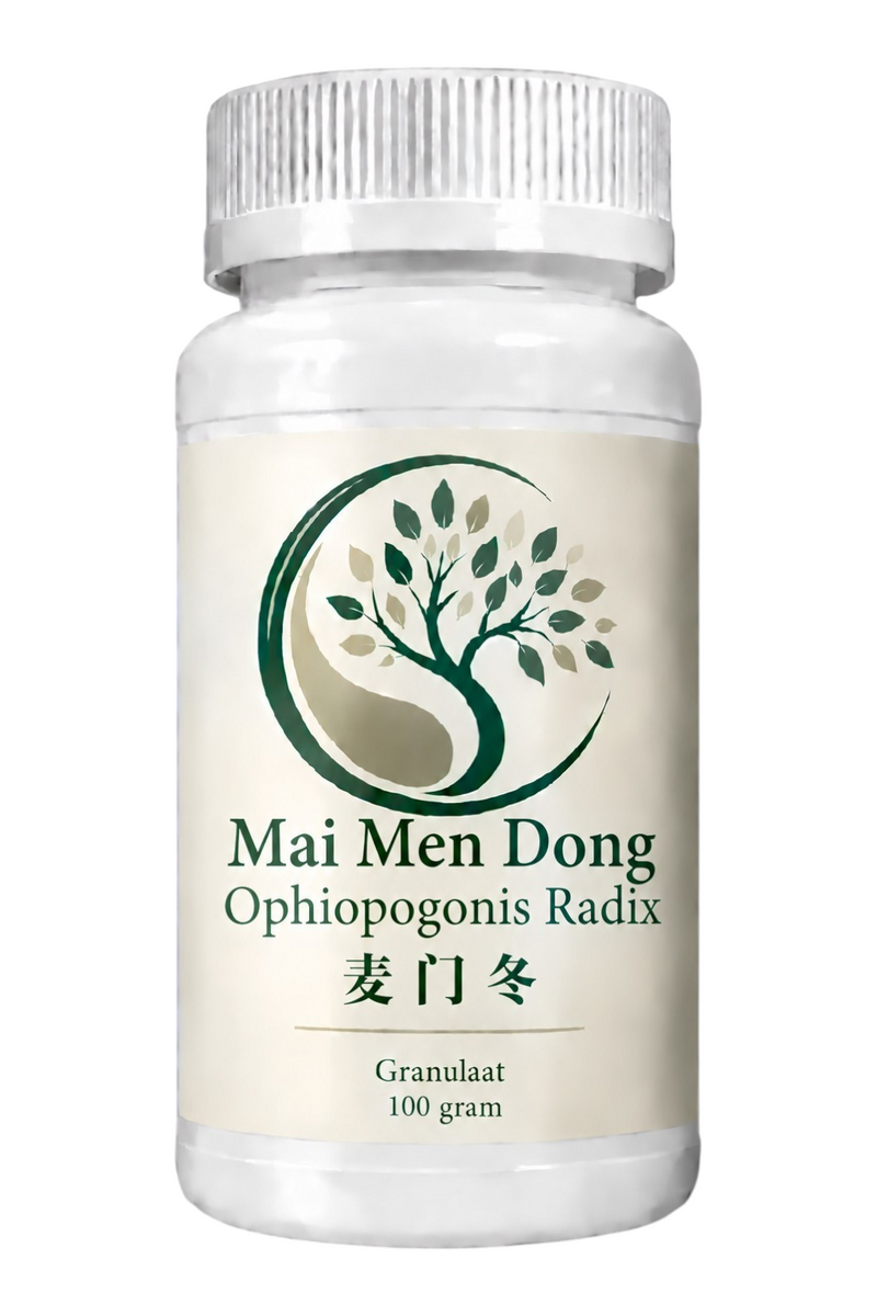 Mijn winkel Mai men dong Ophiopogonis Radix herbal supplement in a 100 gram white plastic bottle with tree logo