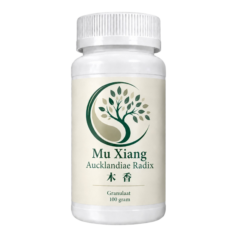 Mijn winkel Mu Xiang Aucklandiae Radix 100g herbal supplement in a white plastic bottle with a green tree logo