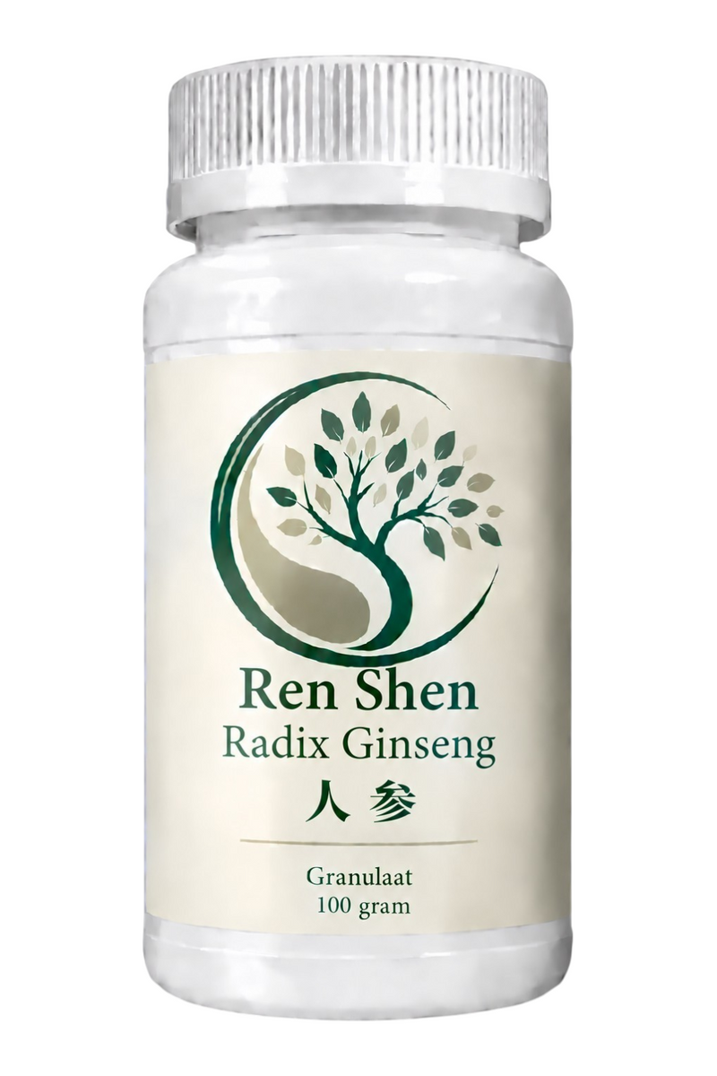 Mijn winkel Ren Shen Radix Ginseng 100 gram herbal supplement granules in a white plastic bottle