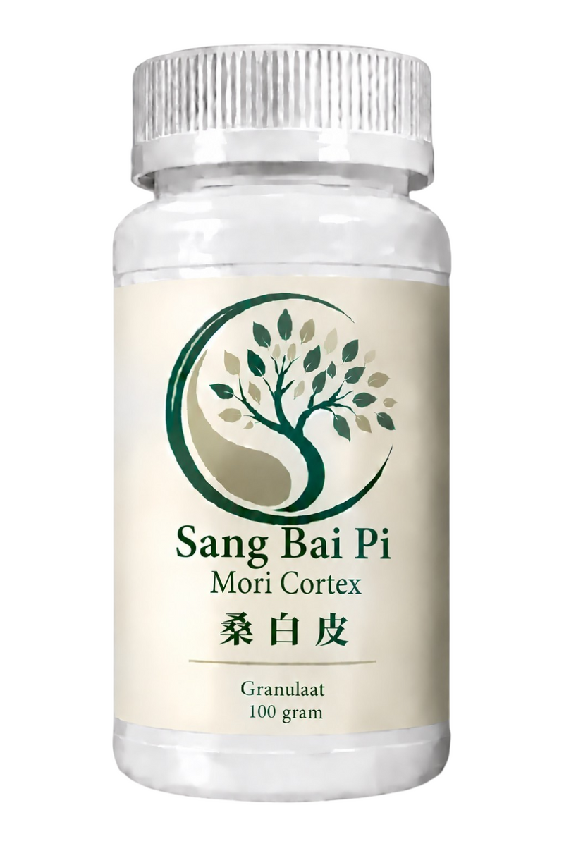 Mijn winkel Sang Bai Pi Mori Cortex herbal supplement in a 100 gram white plastic bottle with tree logo