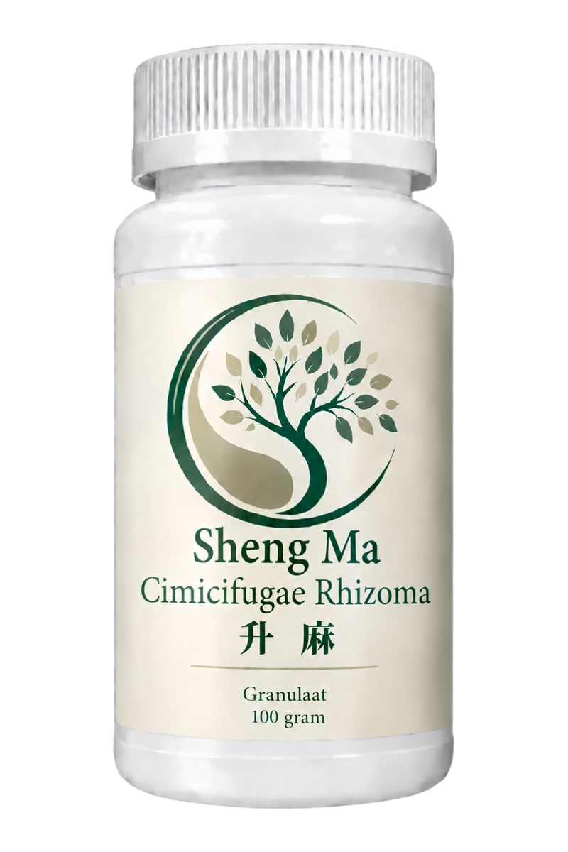 Mijn winkel Sheng ma Cimicifugae Rhizoma herbal supplement in a 100 gram white plastic bottle with tree logo