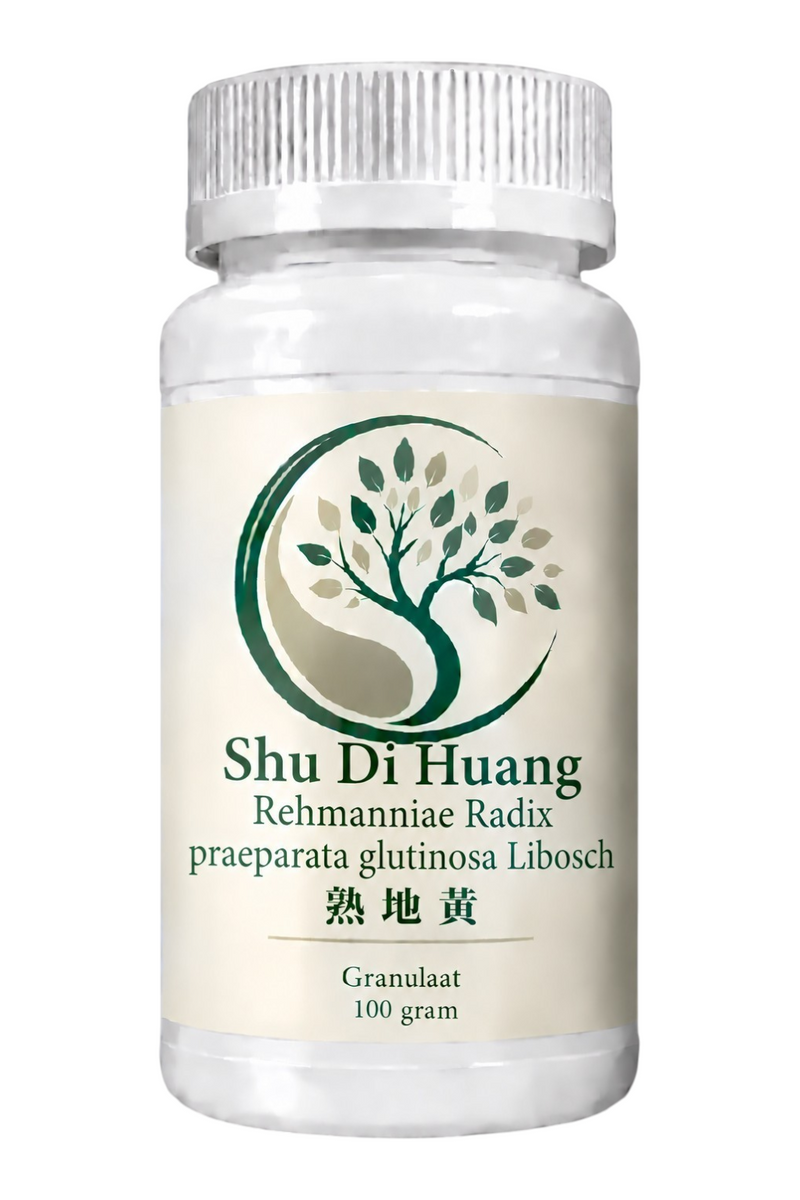 Mijn winkel Shu Di Huang Rehmanniae Radix praeparata glutinosa Libosch herbal supplement granules in a 100g bottle