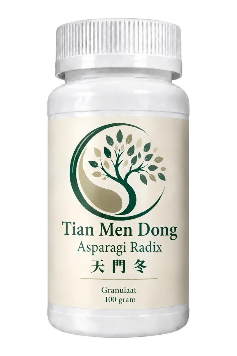 Mijn winkel Tian Men Dong Asparagi Radix herbal supplement in a 100 gram white plastic bottle with tree logo