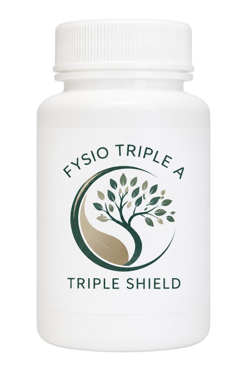 Mijn winkel Triple Shield supplement bottle with a tree logo, designed to support immunity and energy balance.