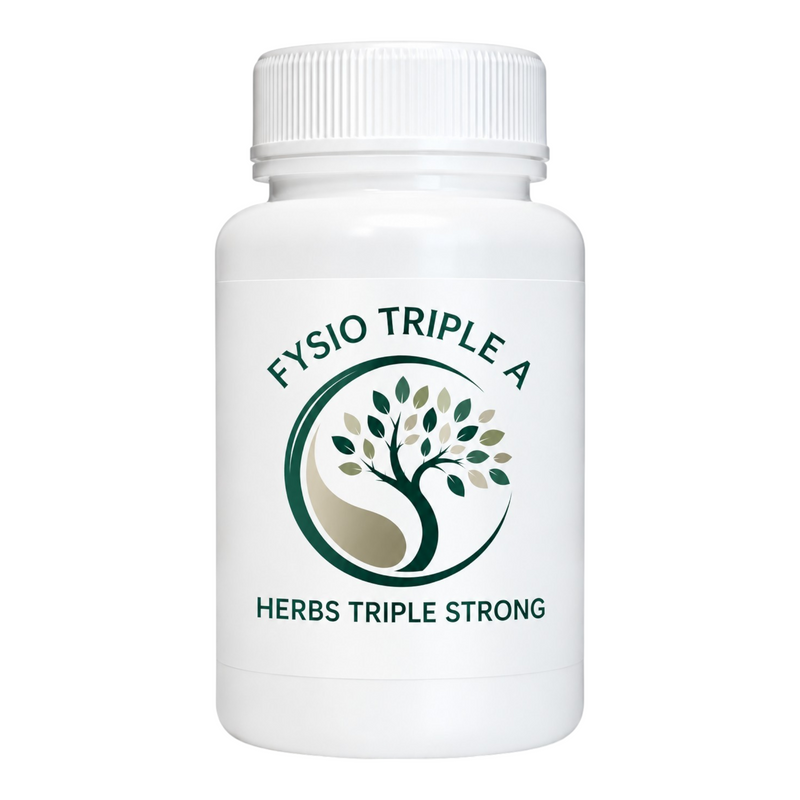 Mijn winkel Triple Strong herbal supplement bottle for muscle relief and tension, featuring a tree logo design.