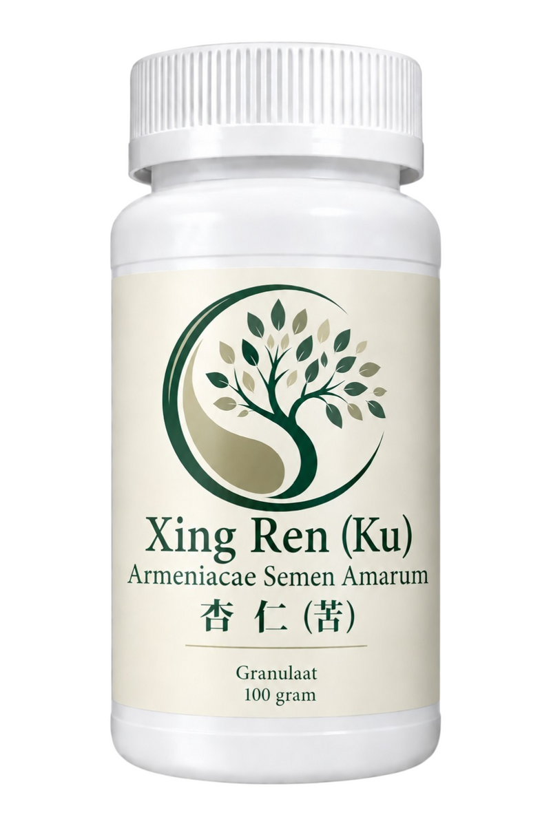 Mijn winkel Xing Ren (Ku) Armeniacae Semen Amarum 100g herbal supplement granules in a white plastic bottle