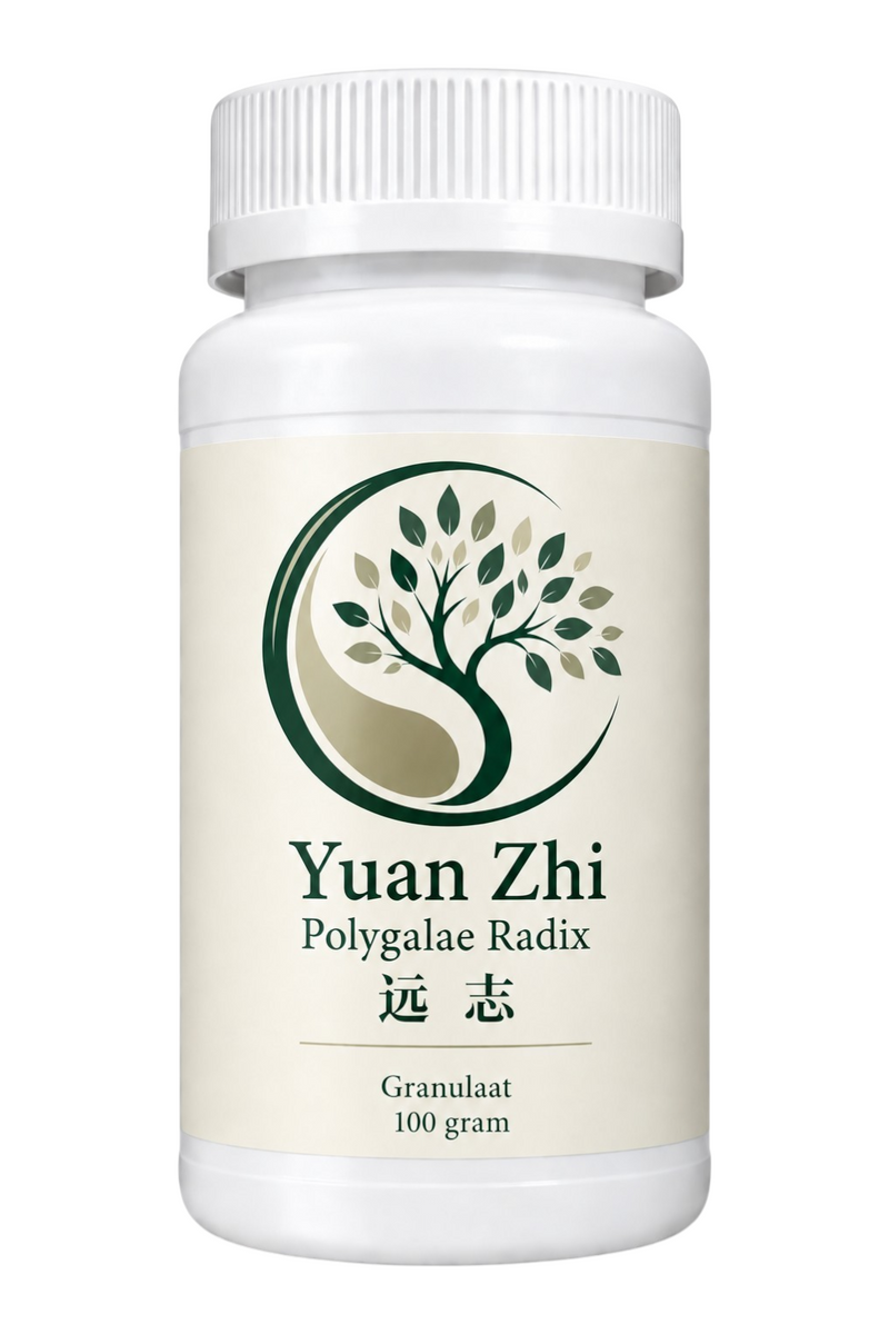 Mijn winkel Yuan Zhi Polygalae Radix herbal supplement in a 100 gram white plastic bottle with tree logo