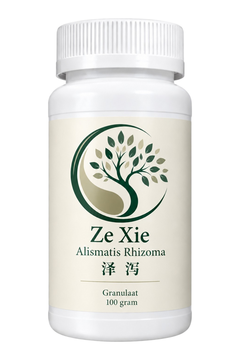 Mijn winkel Ze Xie Alismatis Rhizoma herbal supplement in a 100 gram white plastic bottle with a tree logo