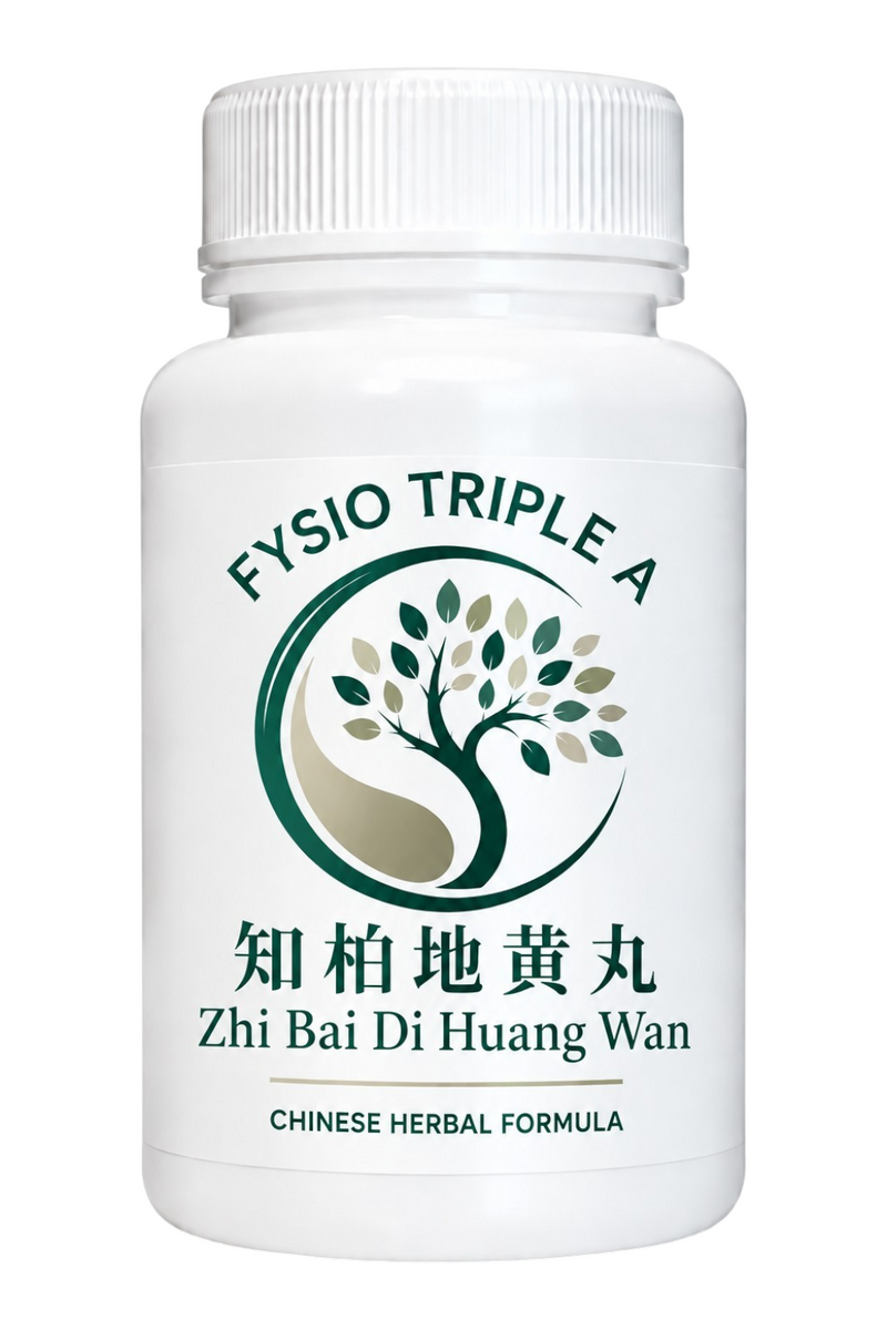 Mijn winkel Zhi Bai Di Huang Wan herbal granules in a white bottle for menopause support and hormonal balance.