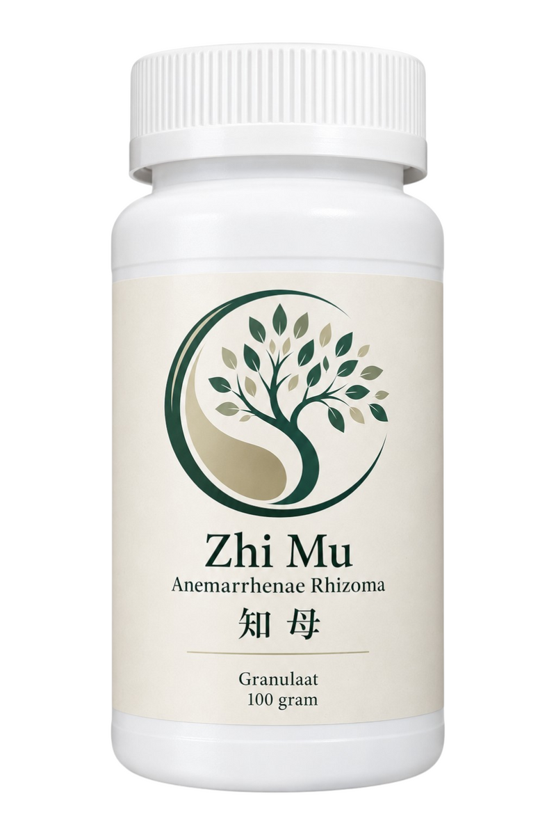 Mijn winkel Zhi Mu Anemarrhenae Rhizoma herbal supplement in a 100 gram white plastic bottle with tree logo